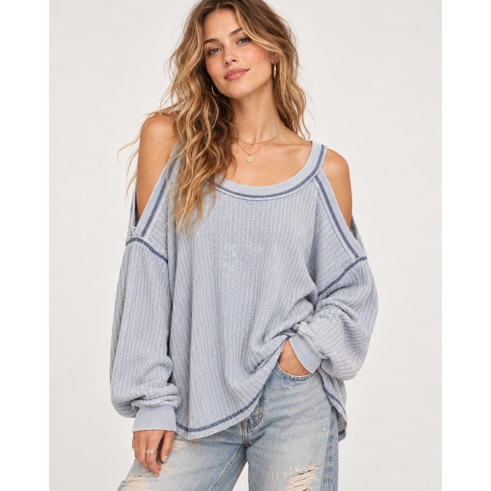 She + Sky Blue Waffle Knit Cold Shoulder Oversized Top Size M Boho